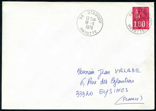 1F roulette Béquet oblitéré 98-Mayotte sur lettre