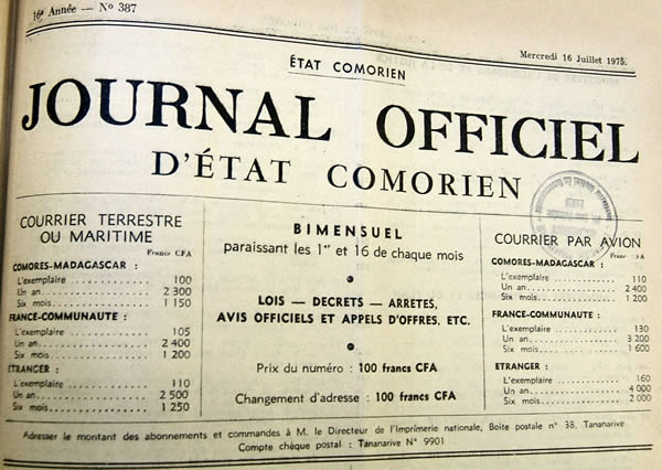 er Journal Officiel de l'Etat Comorien