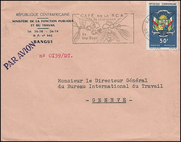 Timbre de service à 50F sur lettre Centrafrique