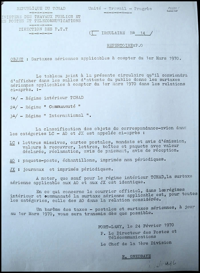 Surtaxes aériennes au départ du Tchad 1970