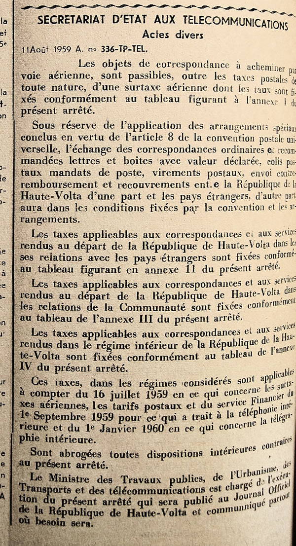 Tarifs postaux de la Haute-Volta 11 août 1959