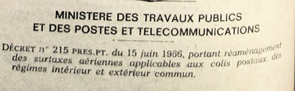 Tarifs postaux aériens pour colis postaux au départ de la Haute-Volta 1er huillet 1966