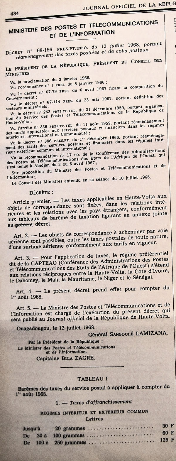 Tarifs postaux de Haute-Volta 1er août 1968