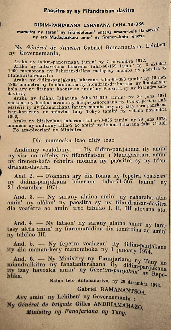 Tarifs postaux de Madagascar régime international et surtaxes aériennes 1er janvier  1974