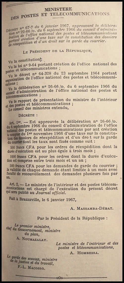 Tarif des réexpéditions au Congo 1967