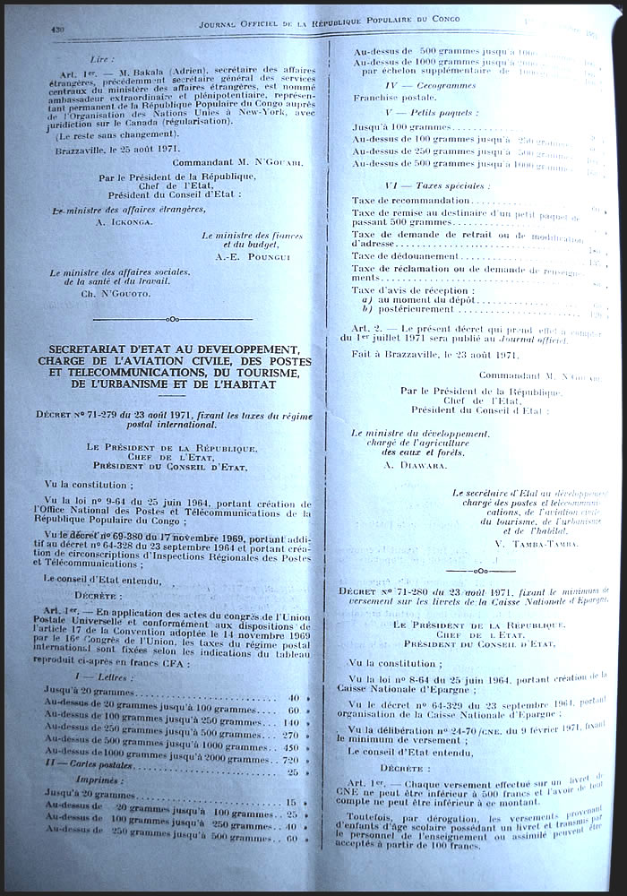 Tarif international au départ du Congo 1er juillet 1971
