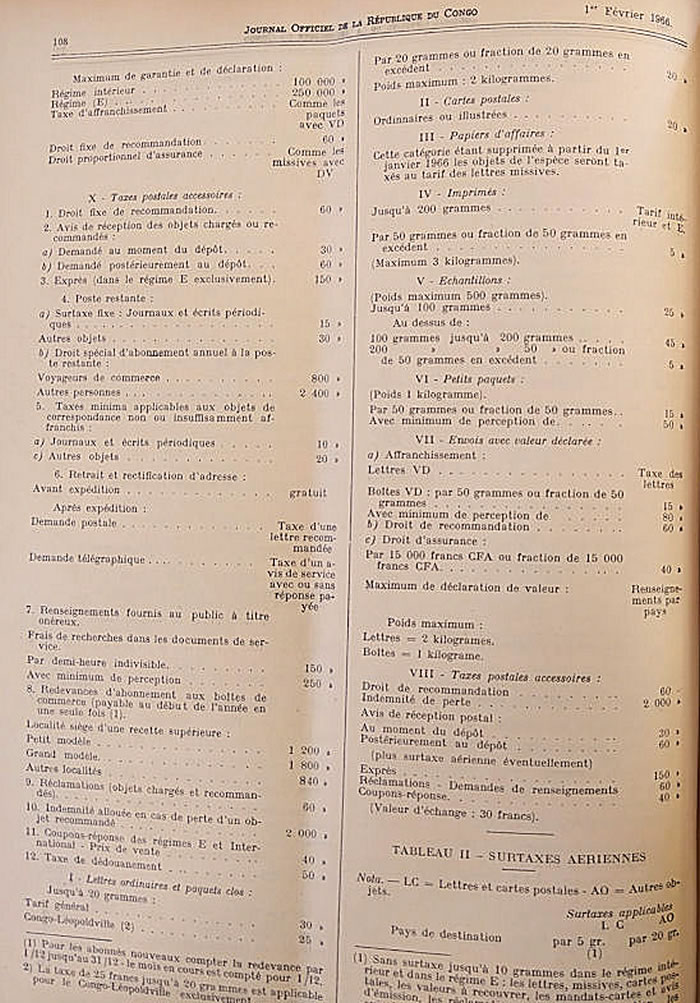 tarif postal Congo 21/1/66 page 3