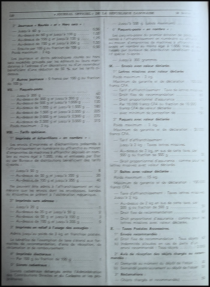 Tarif postal du Gabon du 26 septembre 1966 tarif intérieur page 2