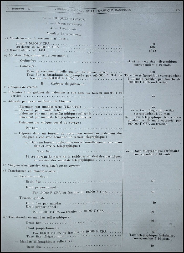Tarif postal de l'Office des Postes et Télécommunications du Gabon du 1/7/71 page 10