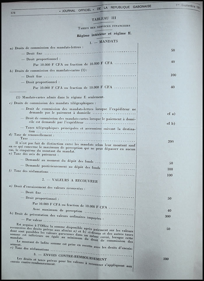 Tarif postal de l'Office des Postes et Télécommunications du Gabon du 1/7/71 page 9