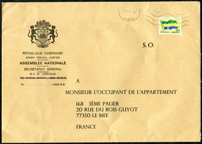 Pli de serevice de l'Assemblée Nationale