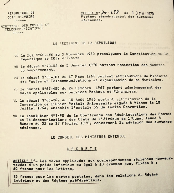 décret surtaxes aériennes Côte d'Ivoire 13 mai 70