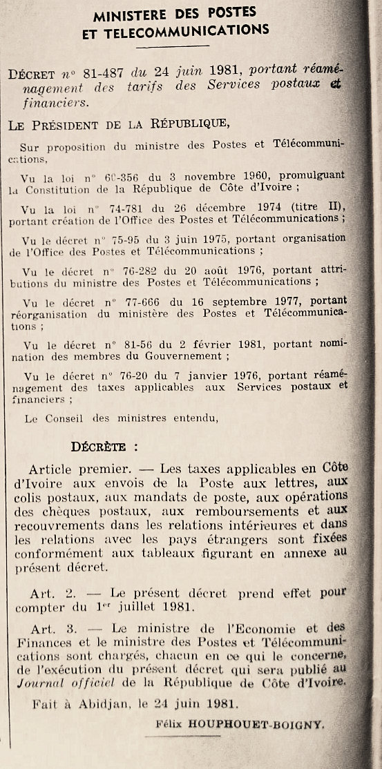 Tarifs au départ de la Côte d'Ivoire 1/7/81 régimes intérieurs et étranger