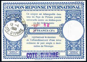 CRI AOF 20FCFA surchargé COTE D'ivoire et 40 tampon violet