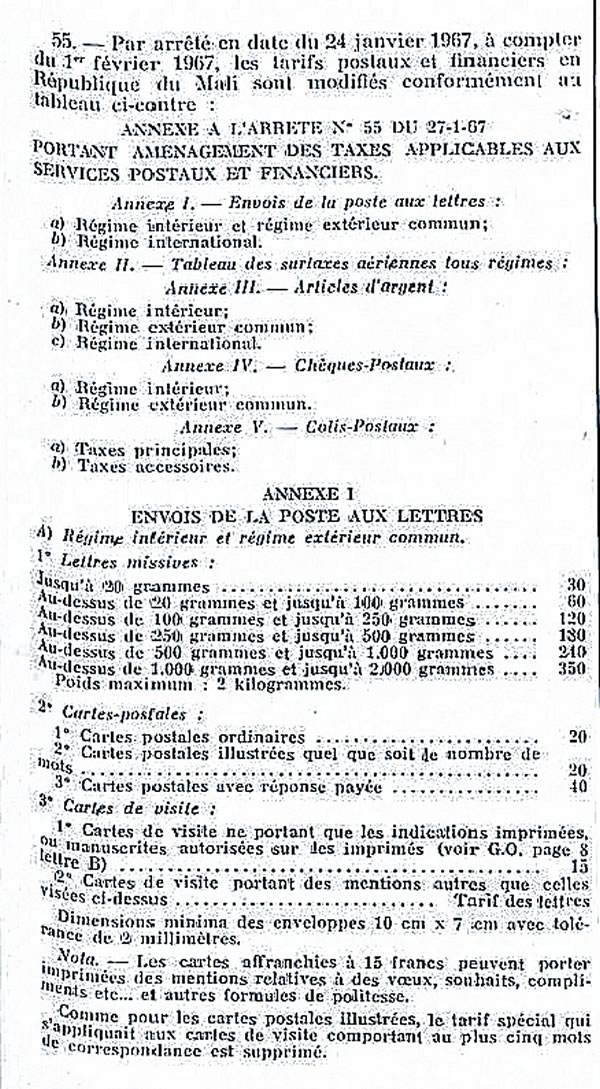 tarifs postaux du  mali régimes intérieur, étendu, international et surtaxes postales aériennes 1er février 1967