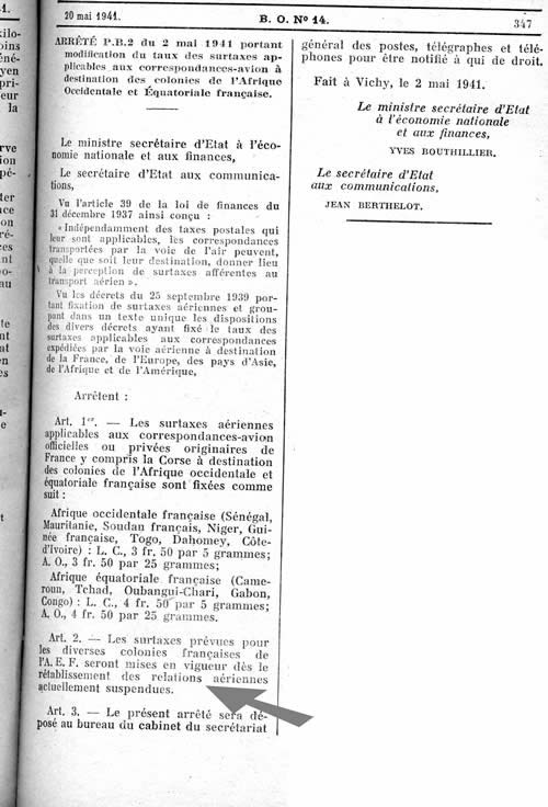 Surtaxes aériennes de métropole vers l'AOF 1941