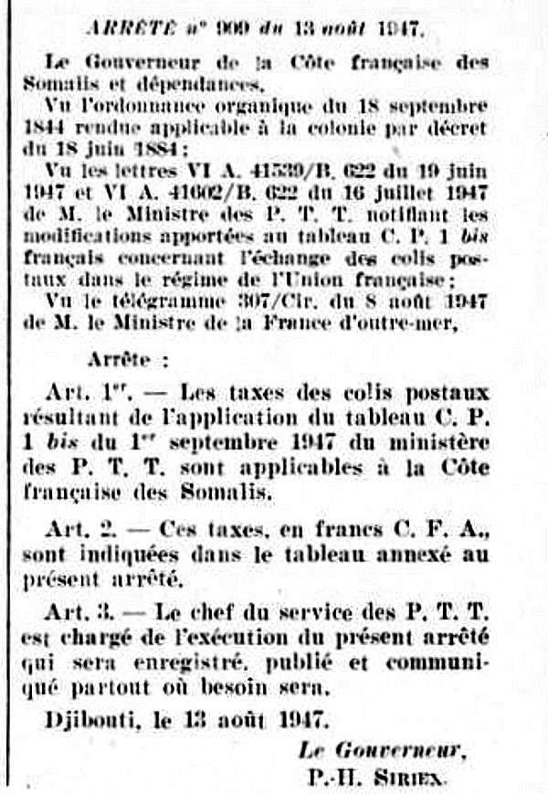 Tarif colis postaux Djibouti 1er septembre 1947