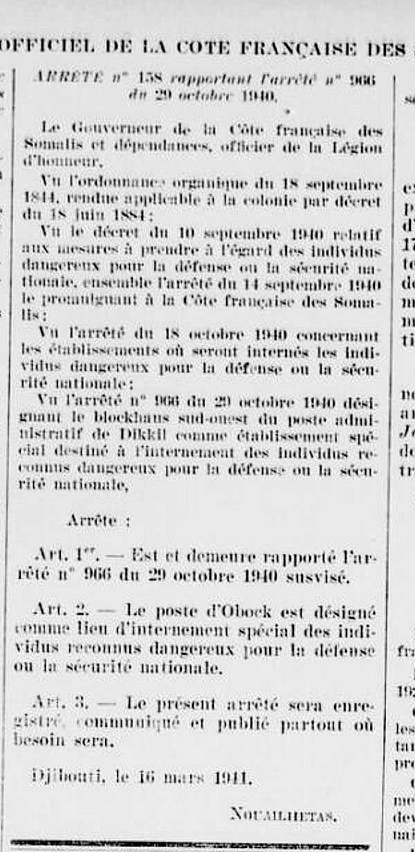 Création du centre d'Internement d'Obock