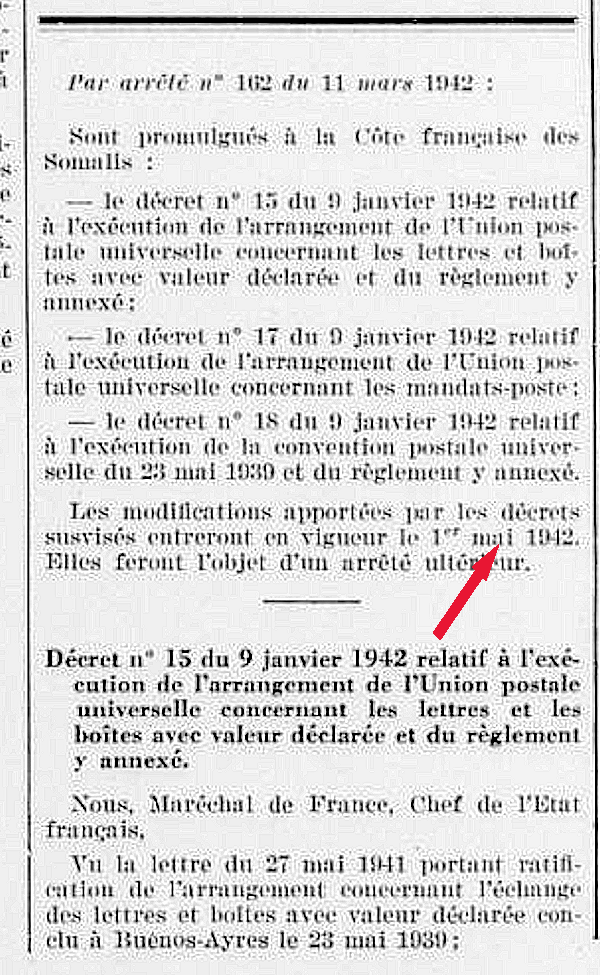 Tarif étranger 1er mai 1942 Côte Française des Somalis