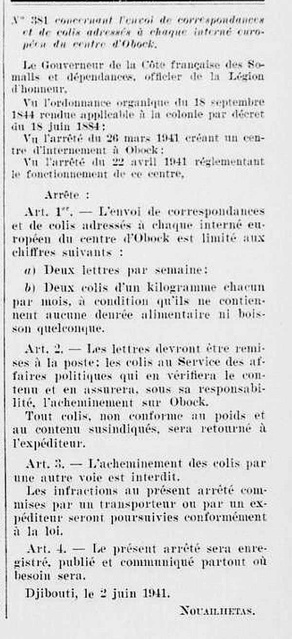 Courrier des internés civils d'Obock