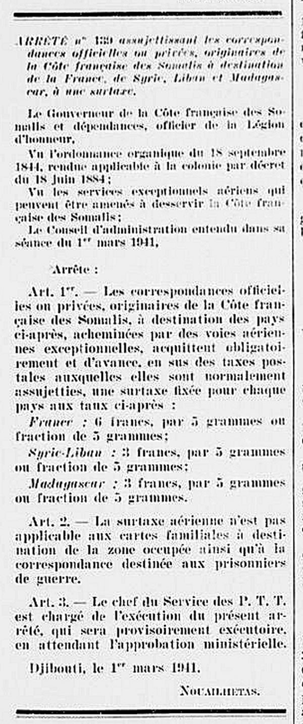 Surtaxes postales aériennes Côte Française des Somalis mars 1941
