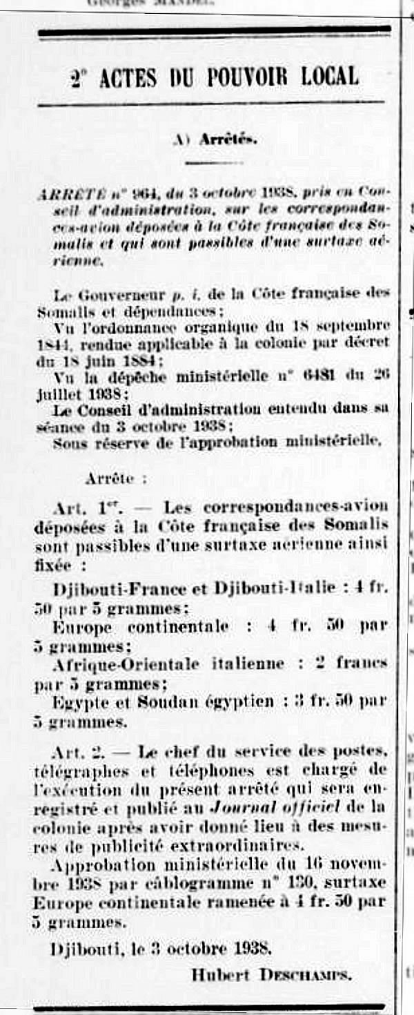 surtaxes postales aériennes Côte des Somalis 3 octobre 1938