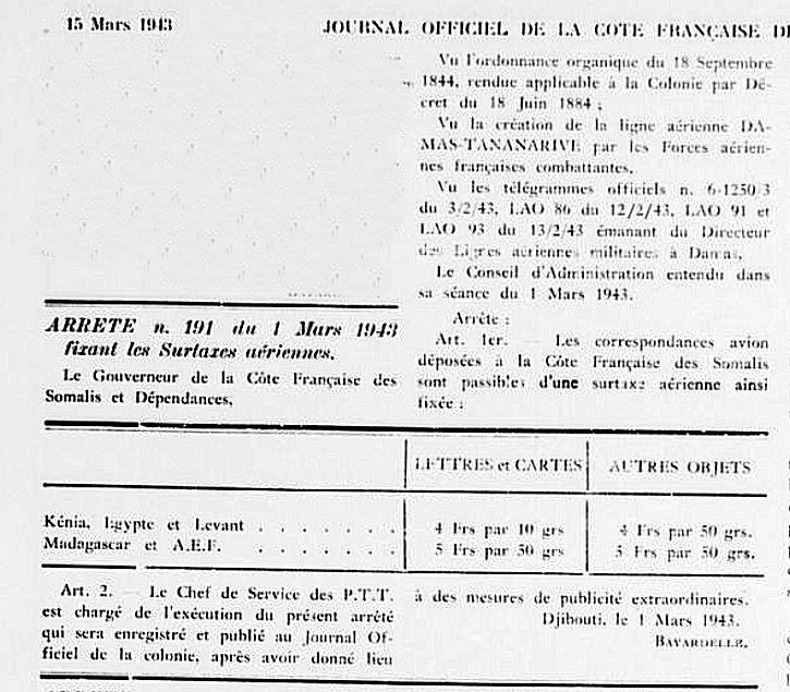 Surtaxes aériennes au départ de la Côte Française des Somalis 1er mars 1943