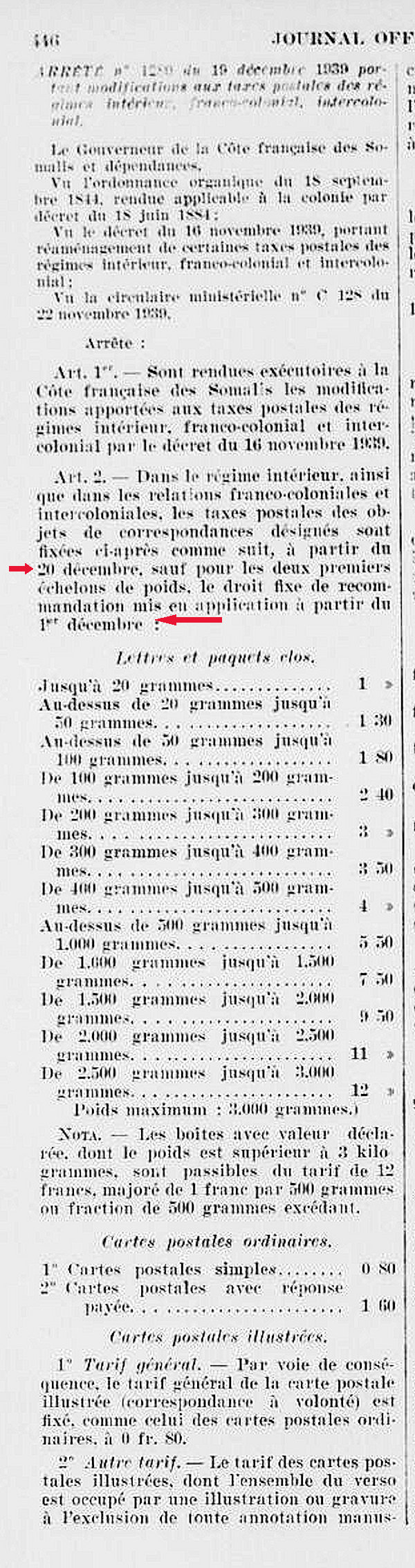 Tarif postal franco-colonial Côte des Somalis décembre 1939
