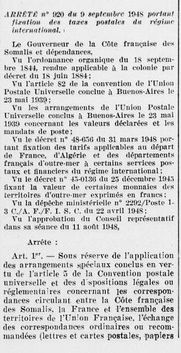 Tarif international Djibouti 1948