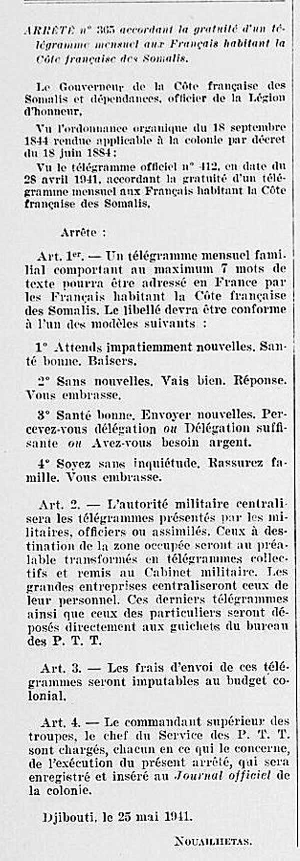 Télégrammes gratuits pour civils en Côte Française des Somalis 1941