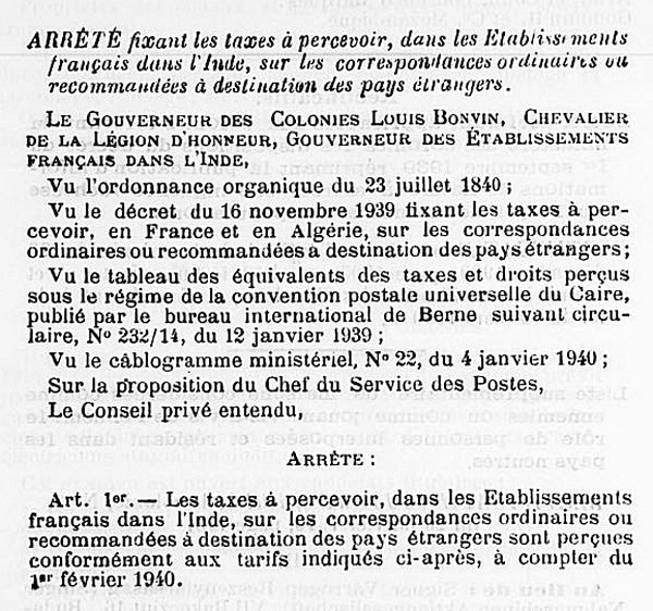 Tarif étranger Inde 24 janvier 1940