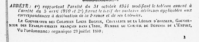 surtaxes aériennes au départ de l'Inde 9 novembre 1944