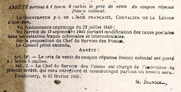 Modification du prix  de vente des coupons-réponse.