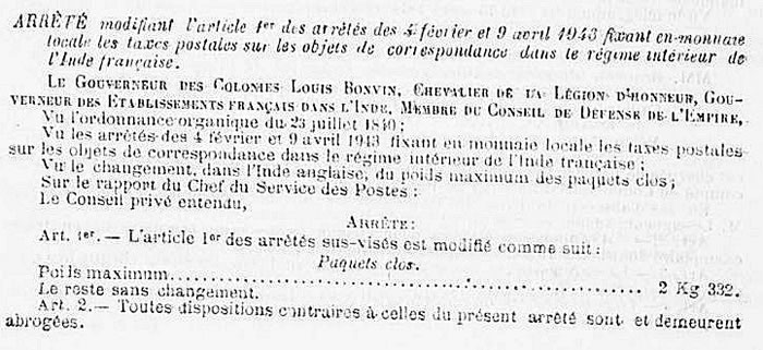 Inde poids des petits colis intérieurs 1944