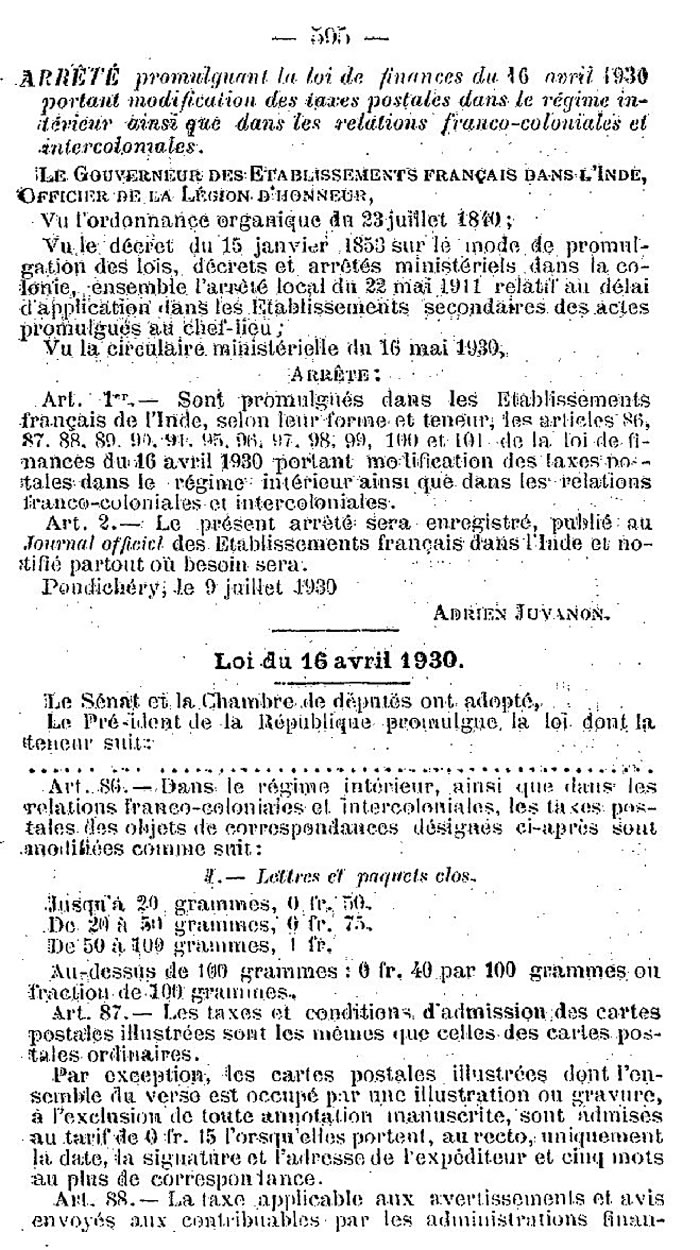 tarif intérieur et franco-colonial au départ de l'Inde 19 juillet 1930