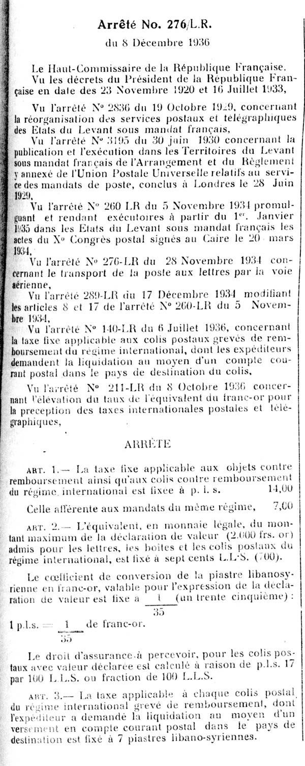 Tarif postal contre-remboursement 1936 au départ des Etats du Levant
