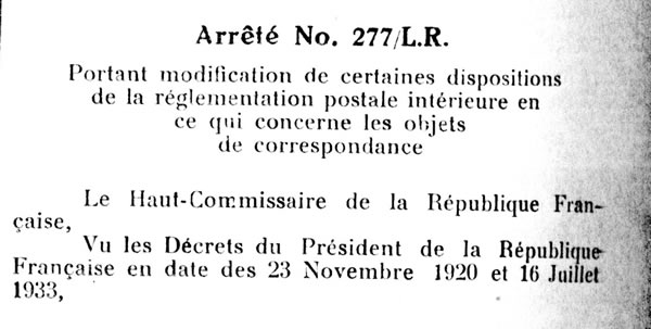 arrêté relatif aux tarifs postaux intérieurs au Levantfrançais  28/1/35
