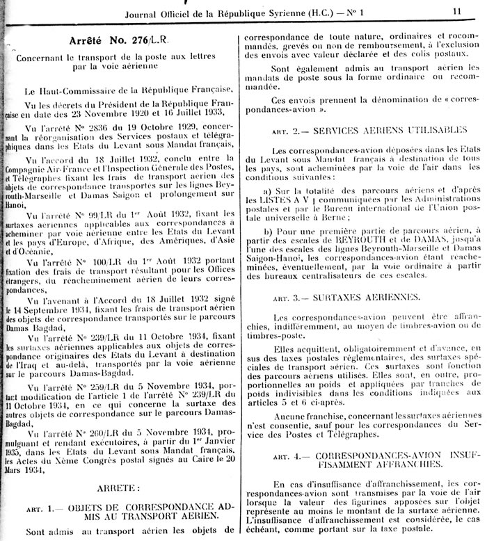 Tarifs poste aérienne au départ du Levant 28/11/1934