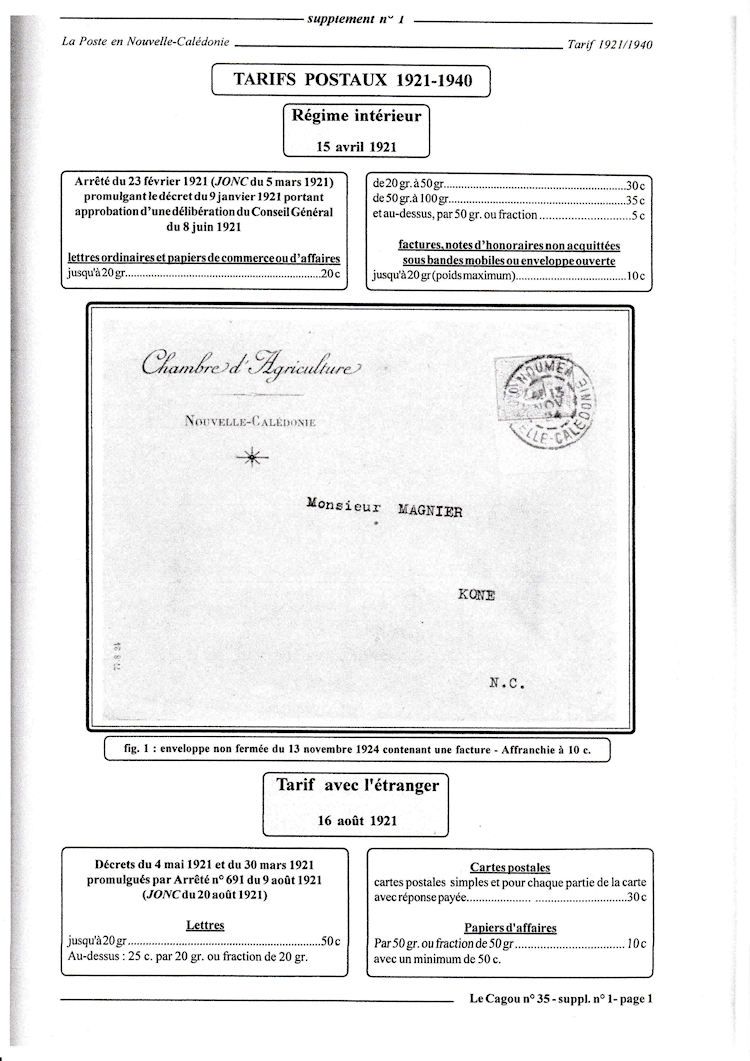 Tarifs postaux Nouvelle-Calédonie 1921-1940 page 1a