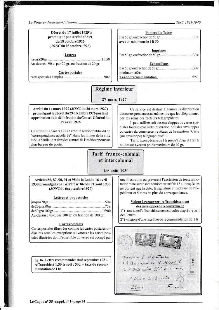 Tarifs postaux Nouvelle-Calédonie 1921-1940 page 14a