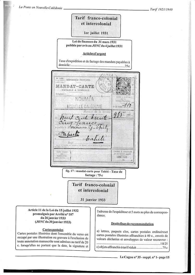 Tarifs postaux Nouvelle-Calédonie 1921-1940 page 15a