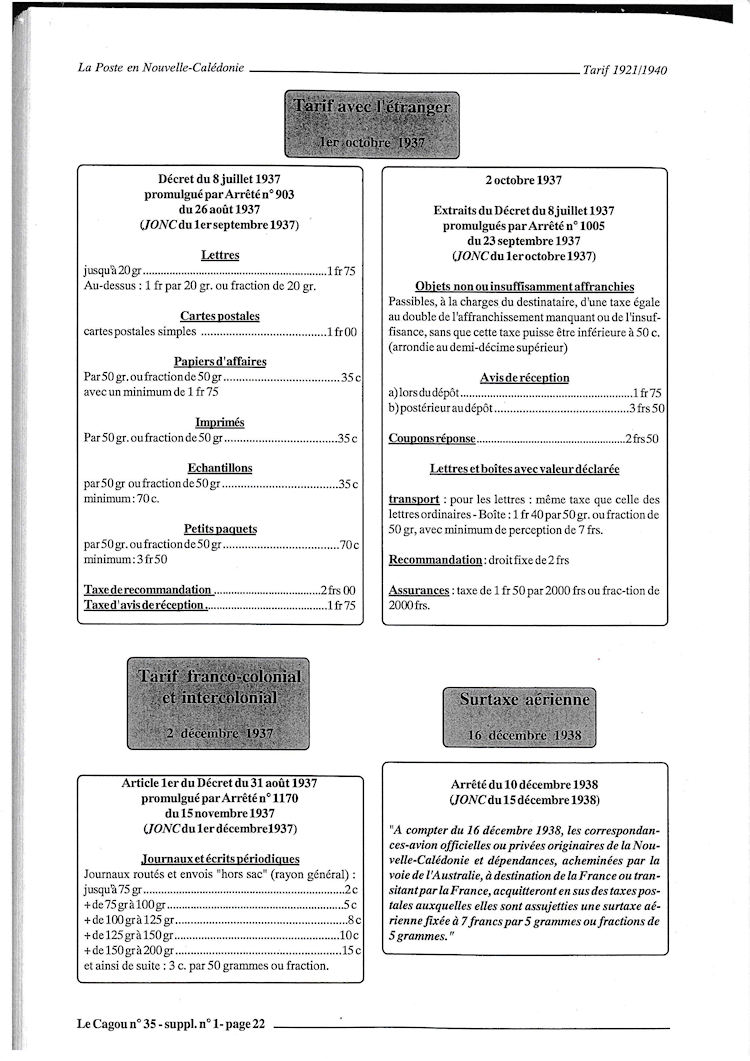 Tarifs postaux Nouvelle-Calédonie 1921-1940 page 22a