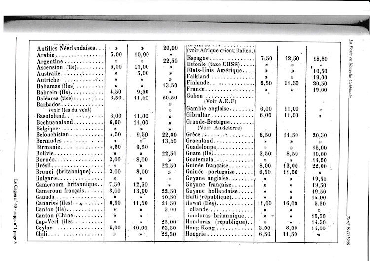 Tarifs postaux de Nouvelle Caledonie 1941-1960 page 3a
