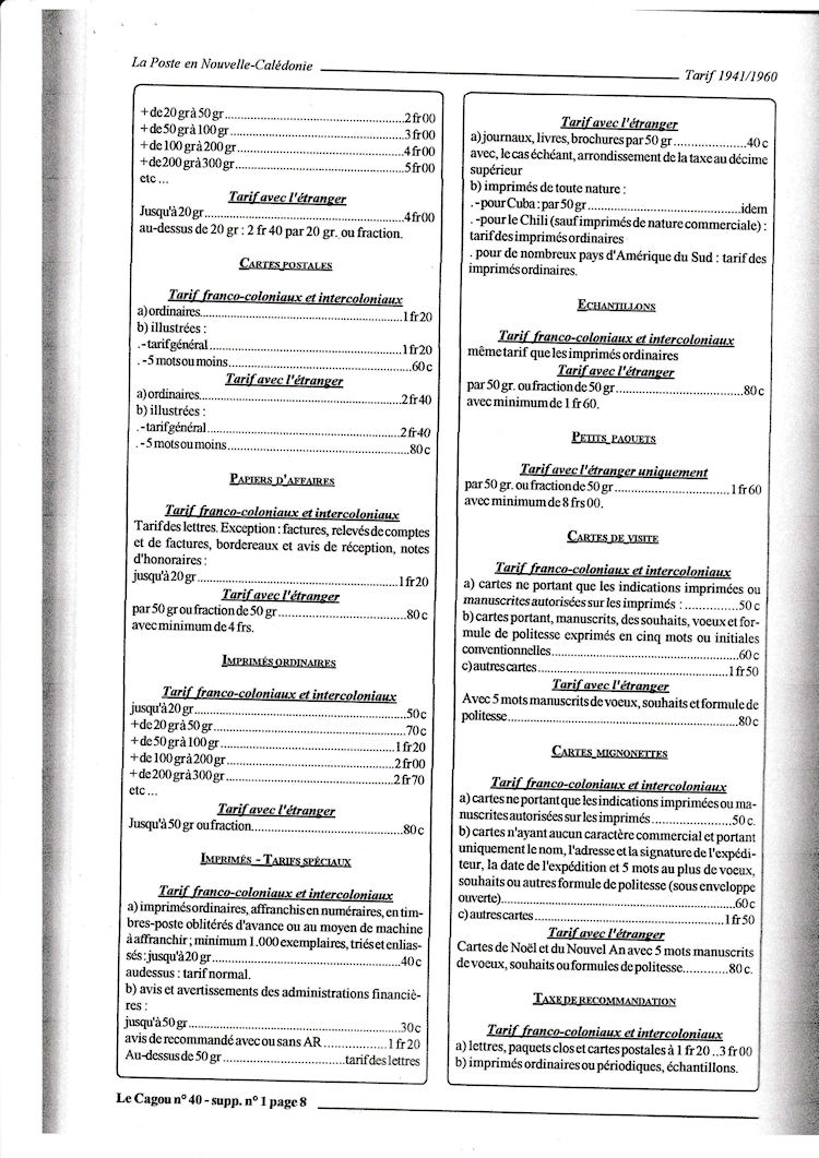 Tarifs postaux de Nouvelle Caledonie  1941 1960 page 8a