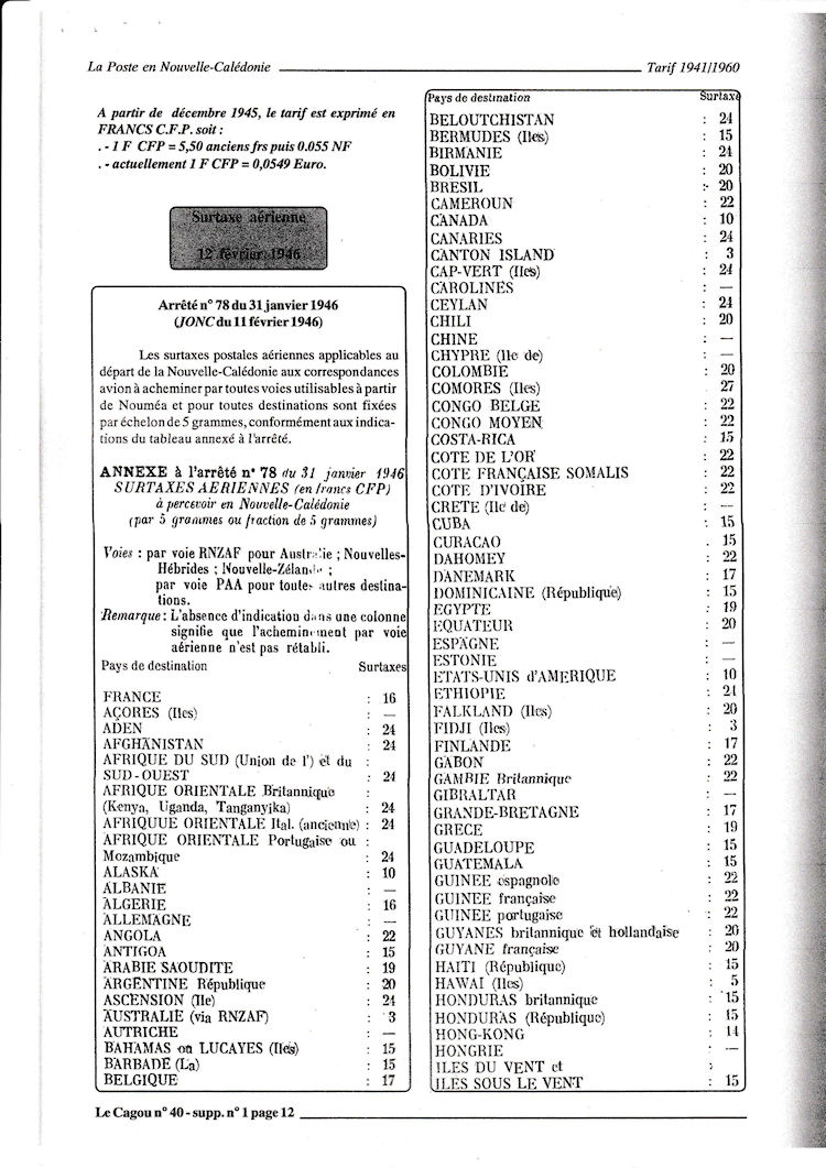 Tarifs postaux de Nouvelle-Caledonie 1941 -1960 page 12a