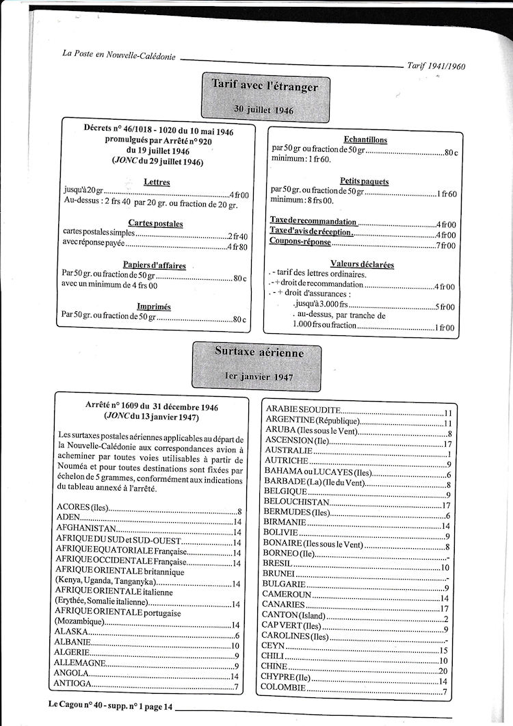 Tarifs postaux de Nouvelle-Caledonie 1941 -1960 page 14a