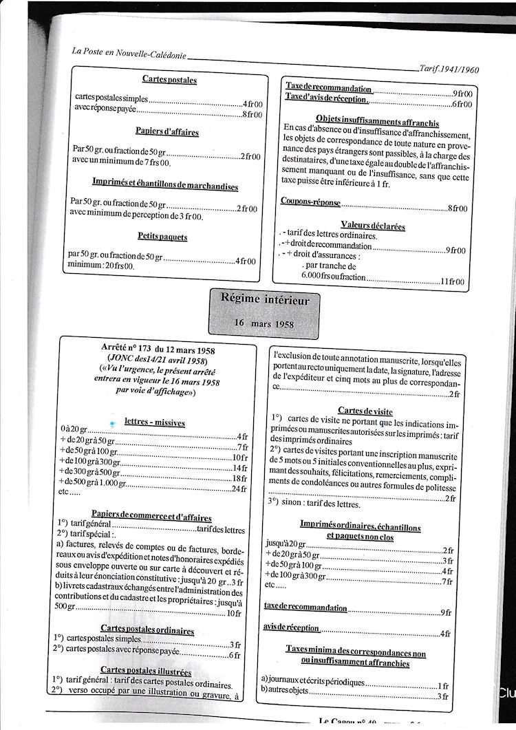 Tarifs postaux de Nouvelle-Caledonie 1941 1960 page 25a