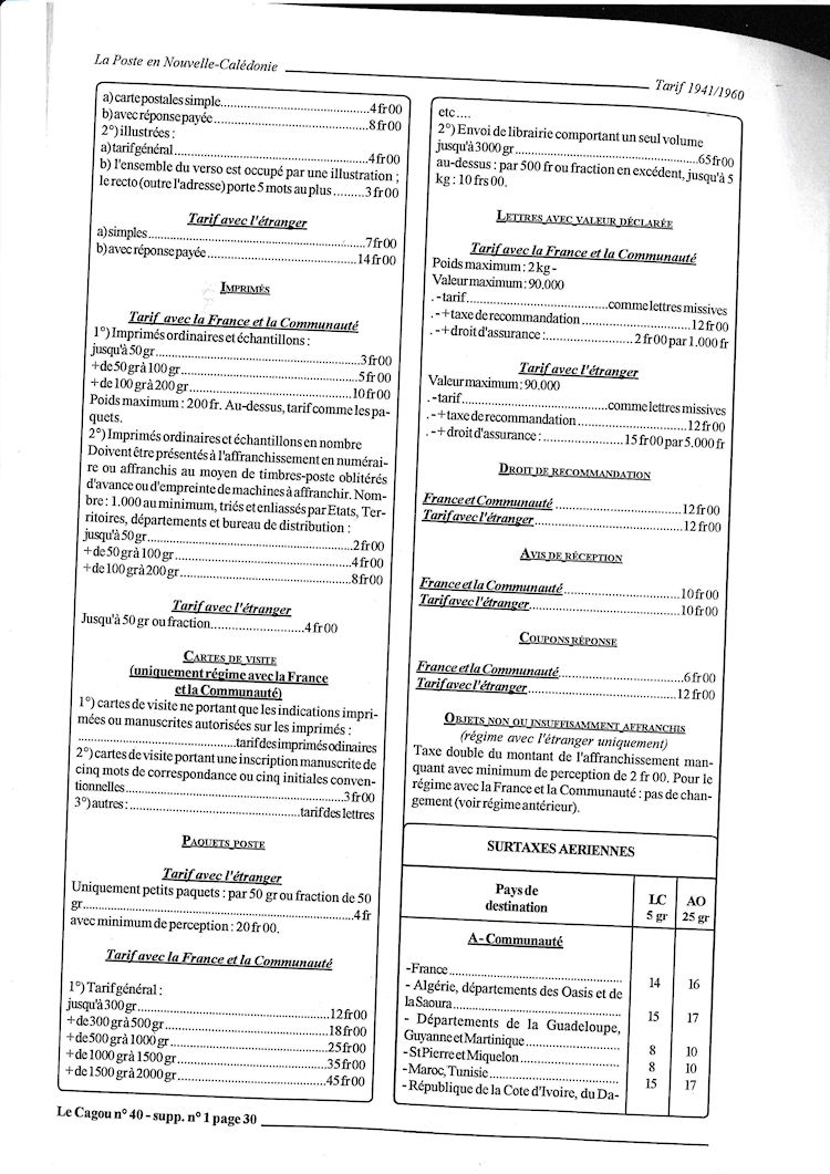 Tarifs postaux de Nouvelle Caledonie   1941 1960 page 30a