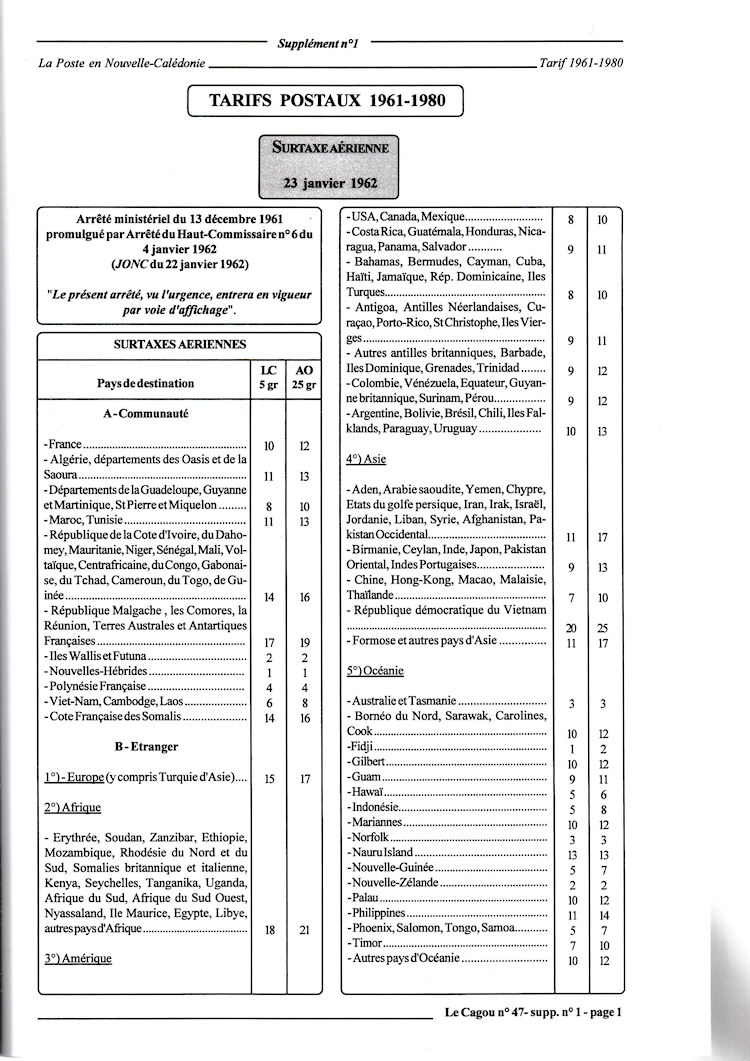 Tarifs postaux Nouvelle-Caledonie 1961 - 1980 Page 1c