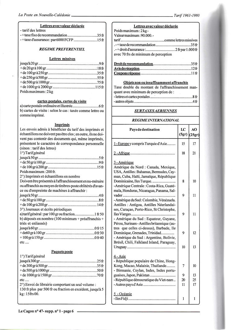Tarifs postaux Nouvelle-Caledonie 1961 - 1980 page 6c